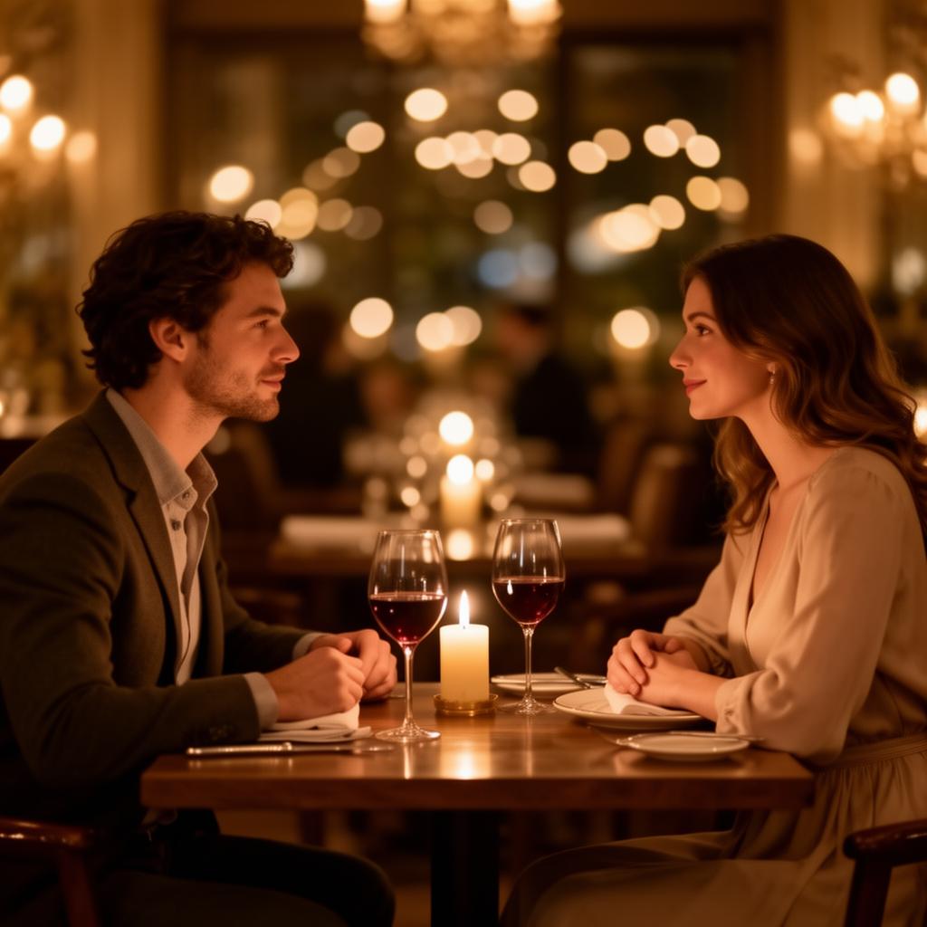 Couple enjoying a candlelit dinner date at an intimate restaurant