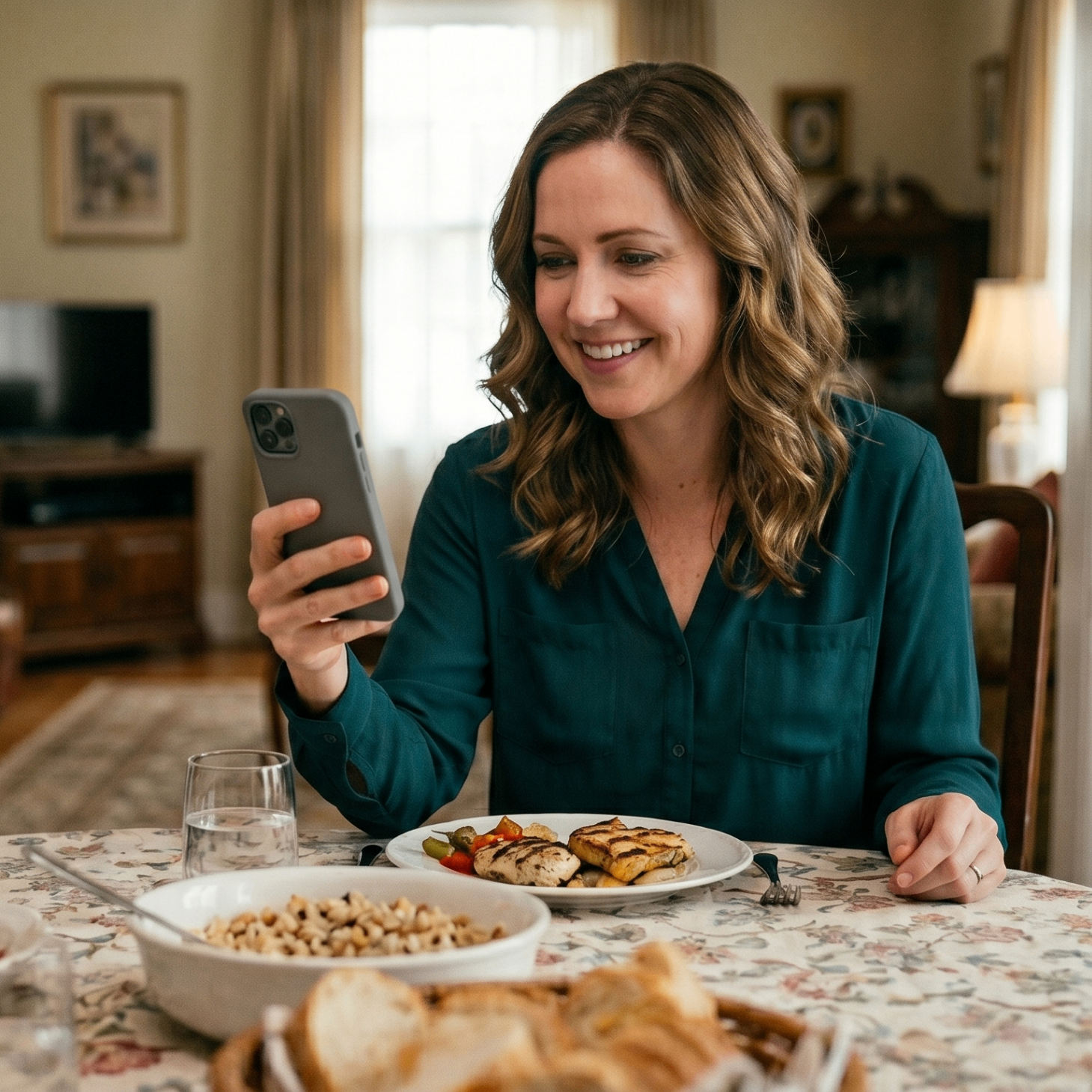 Smiling woman at the dinner table scanning a menu on her phone with Stuff I Can Eat