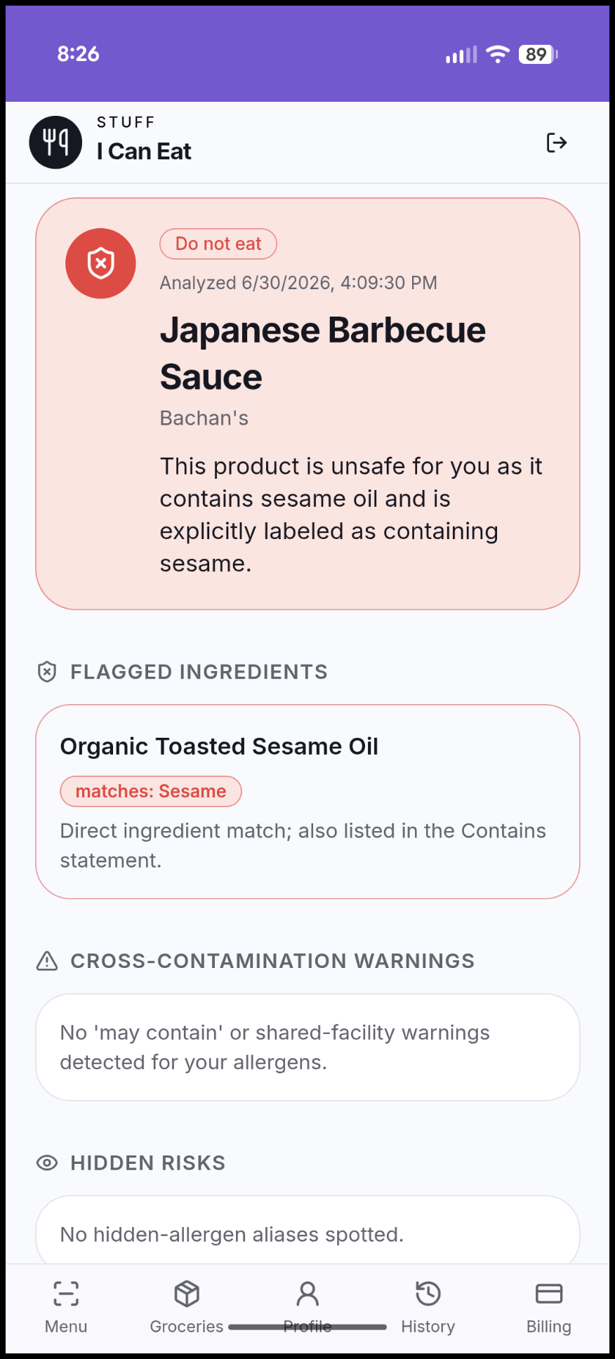 Screenshot of a grocery ingredient label scan result in Stuff I Can Eat