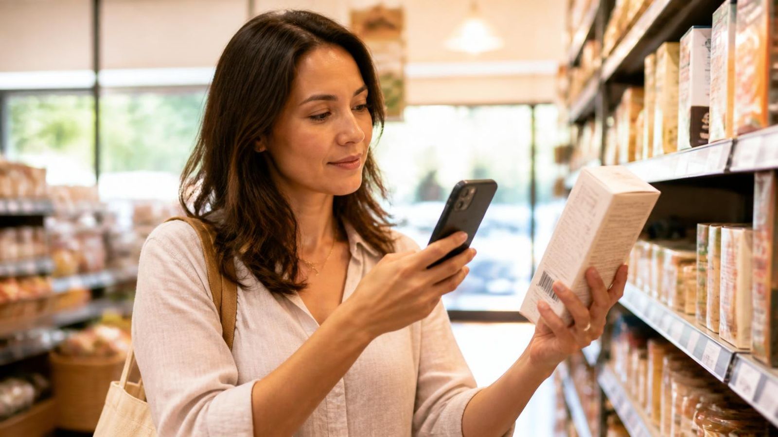 Woman in a grocery aisle scanning the barcode on a food package with her phone
