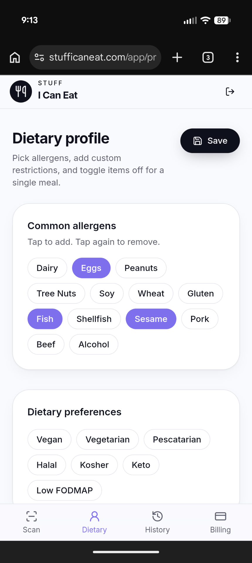 Set your profile — Stuff I Can Eat mobile screenshot