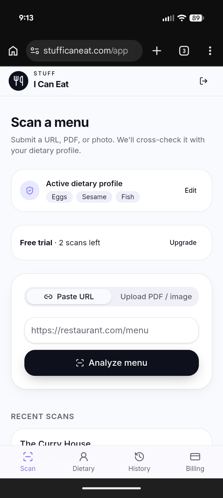 Scan a menu — Stuff I Can Eat mobile screenshot
