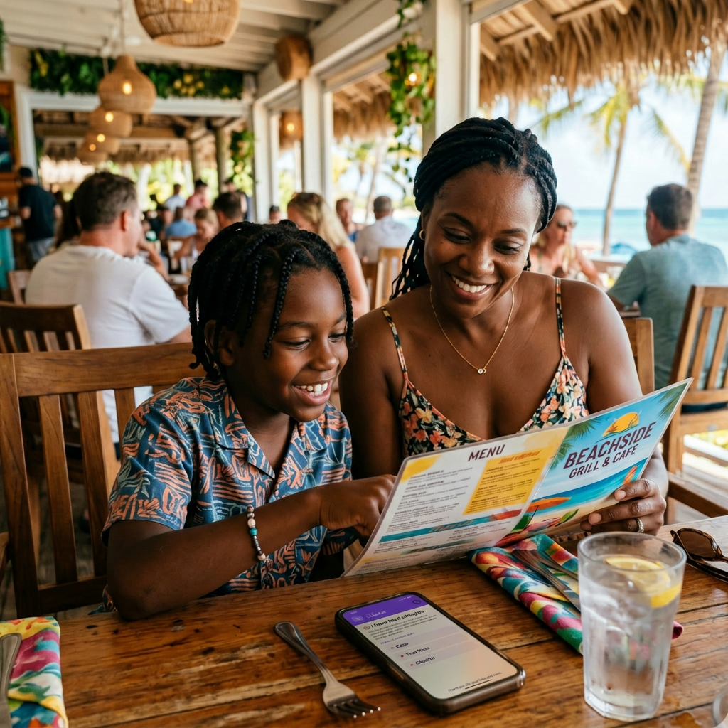 Smiling traveler at an outdoor European cafe showing a phone with a digital allergy card to a friendly server